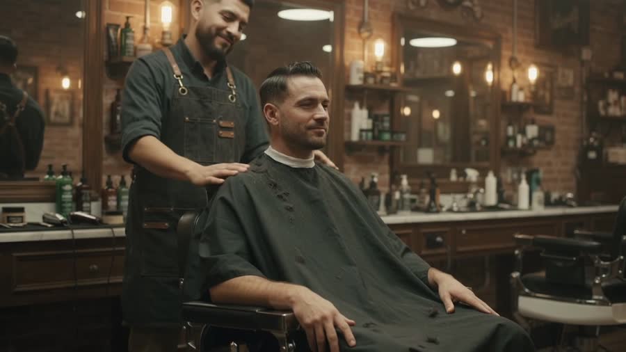 Barber with hand on a smiling client's shoulder in the chair