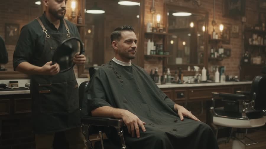 Barber holding a hand mirror behind the seated client