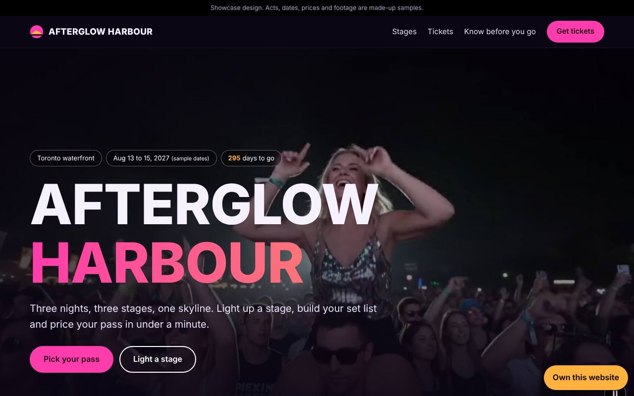 Afterglow Harbour music festival site with a crowd film hero and three drawn stages