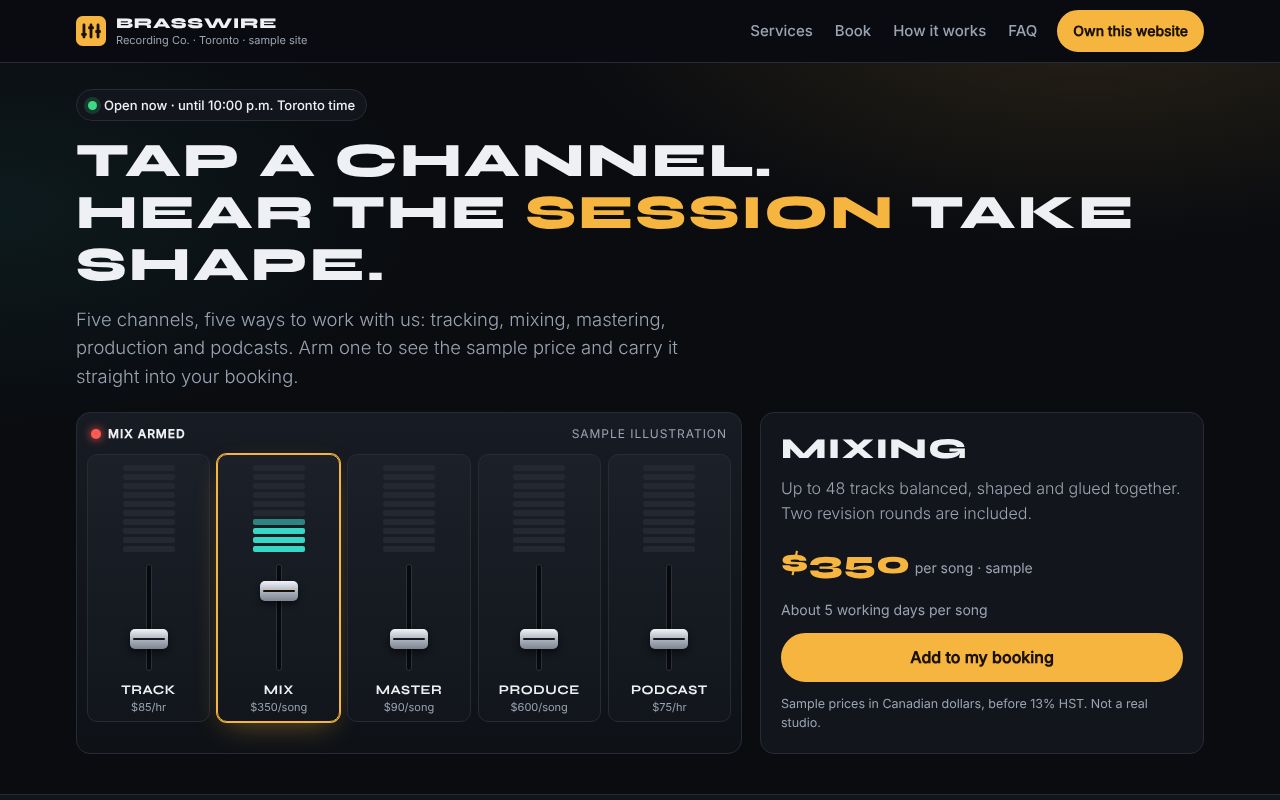 Brasswire Recording Co. site with a drawn mixing console of five channel strips