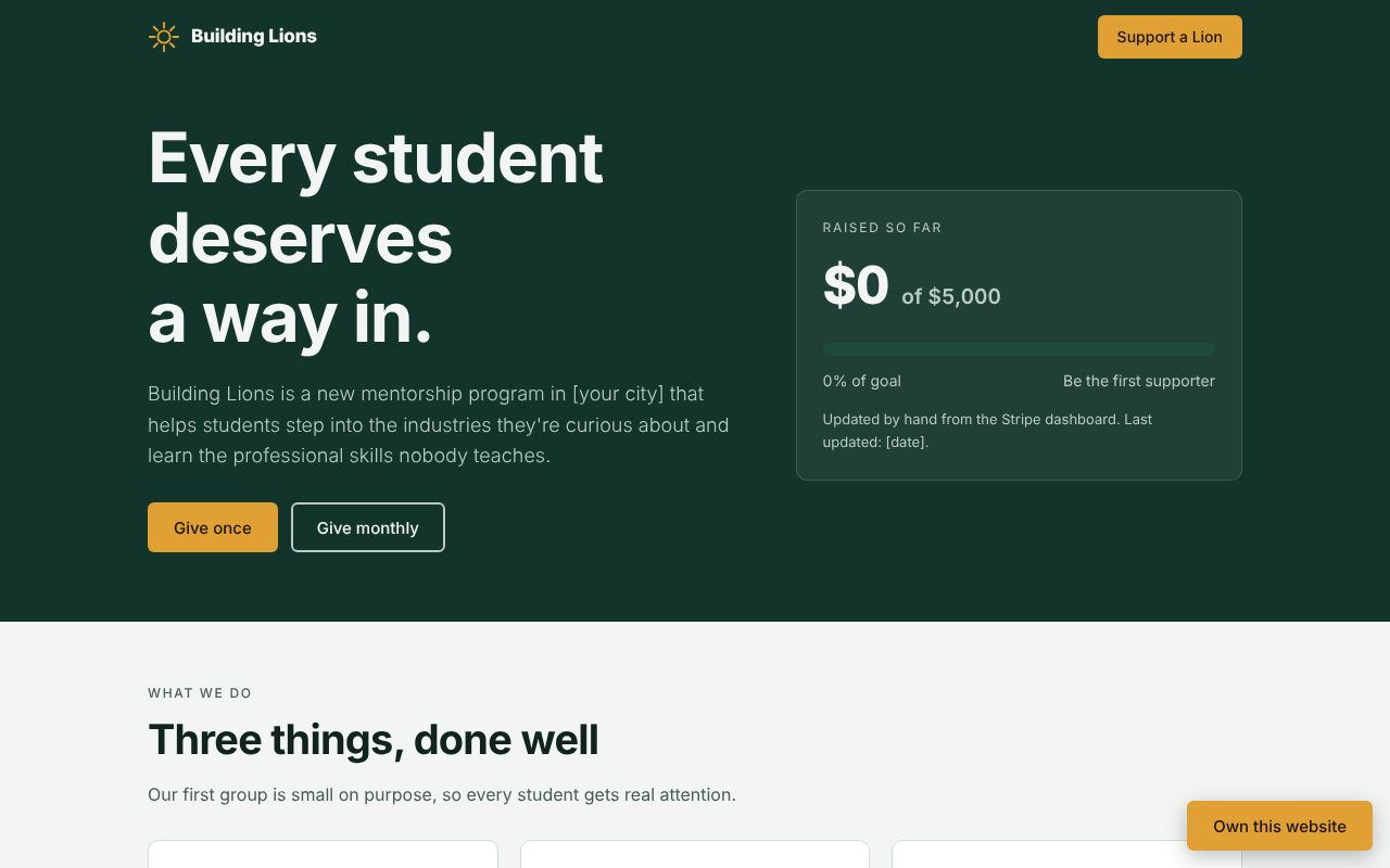Building Lions fundraising page with a green hero and a progress bar toward a $5,000 goal