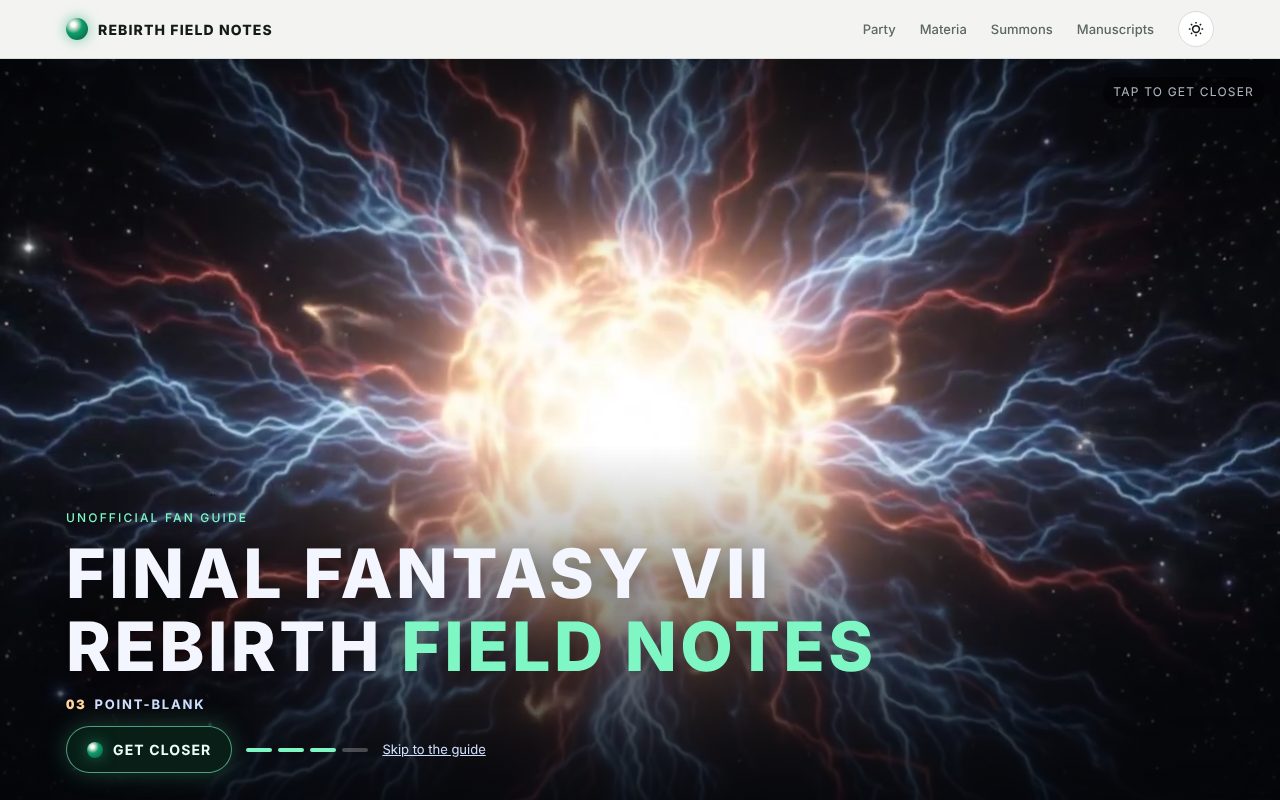 Rebirth Field Notes fan guide hero: a blazing meteor head-on with crackling blue and red energy behind the title and a Get closer button