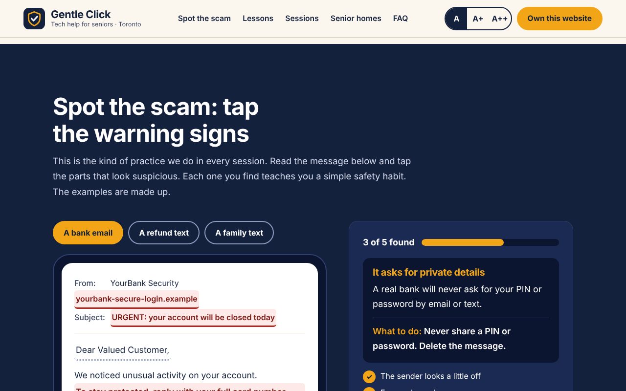 Gentle Click site with a sample scam message on a tablet and the warning signs highlighted