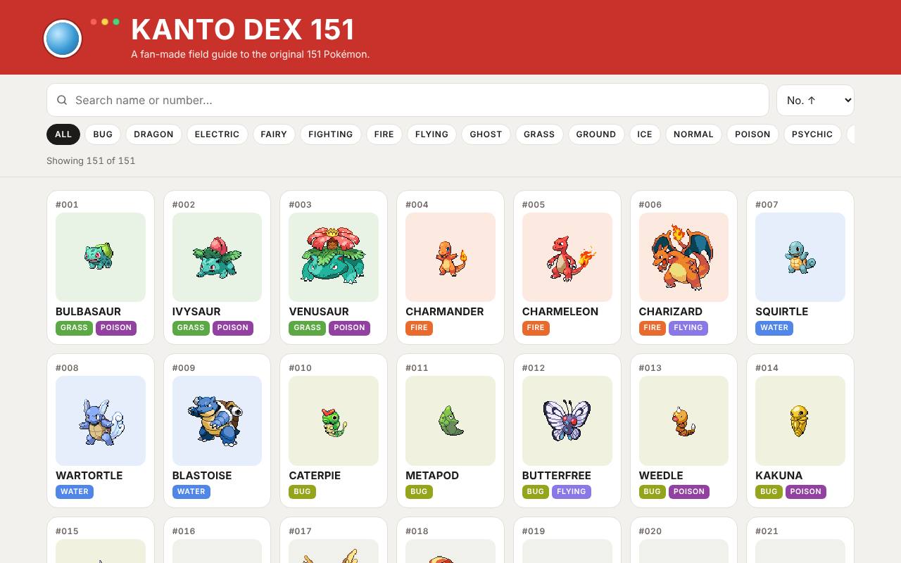 Kanto Dex 151 fan Pokédex with a red header, search bar, type filters and a grid of Pokémon cards