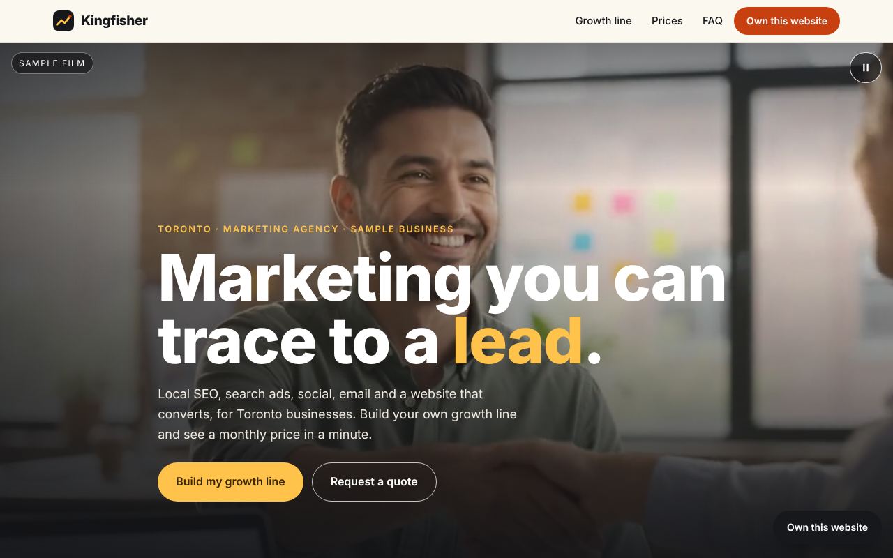 Kingfisher Marketing Co. site with a full-screen film of a team shaking hands and the headline Marketing you can trace to a lead