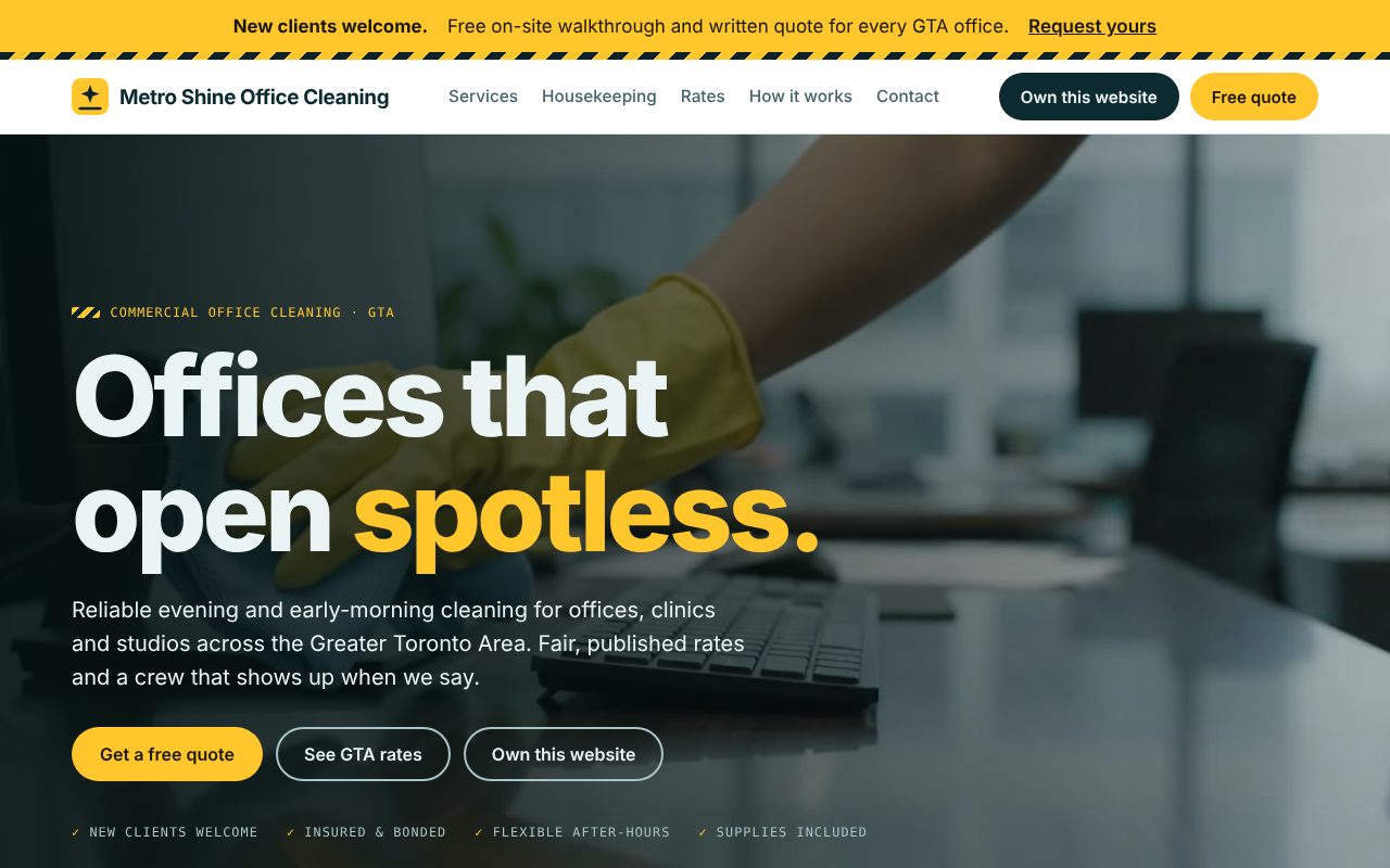 Metro Shine Office Cleaning site with a gloved hand wiping a desk and a yellow Own this website button