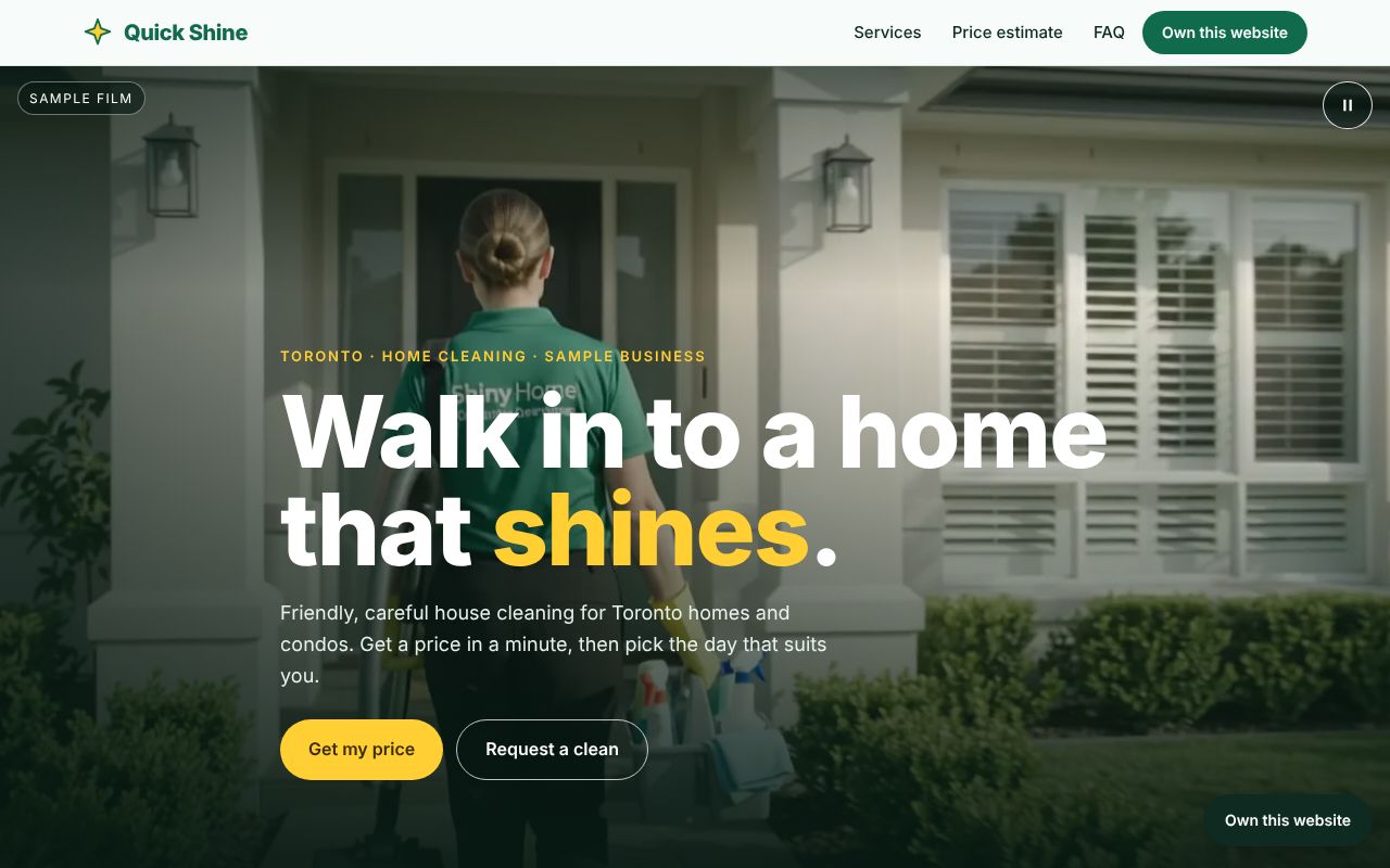 Quick Shine Home Cleaning site with a full-screen film of a cleaner arriving at a house