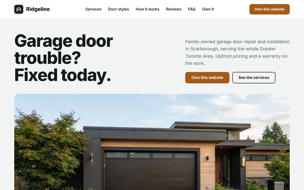 Ridgeline Garage Doors full site with a bold headline, a modern home with a dark garage door and an Own this website button
