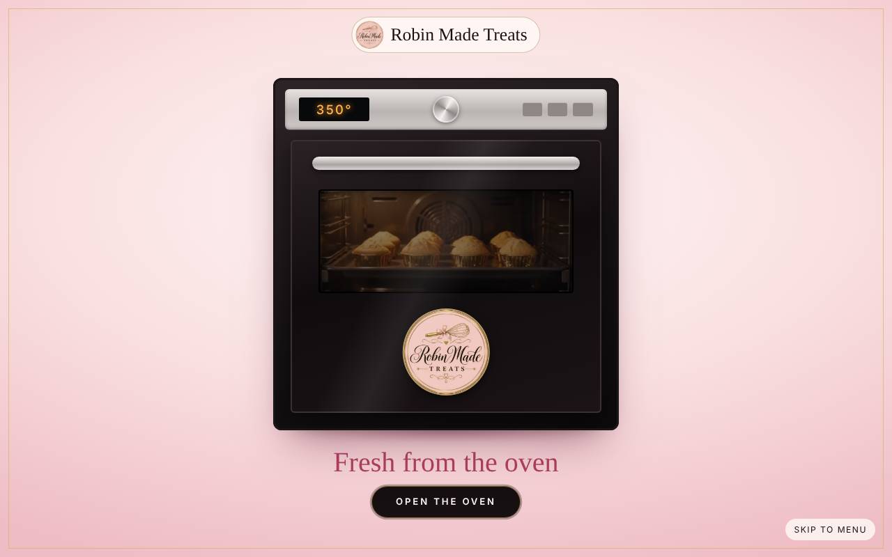 Robin Made Treats site with an oven full of muffins