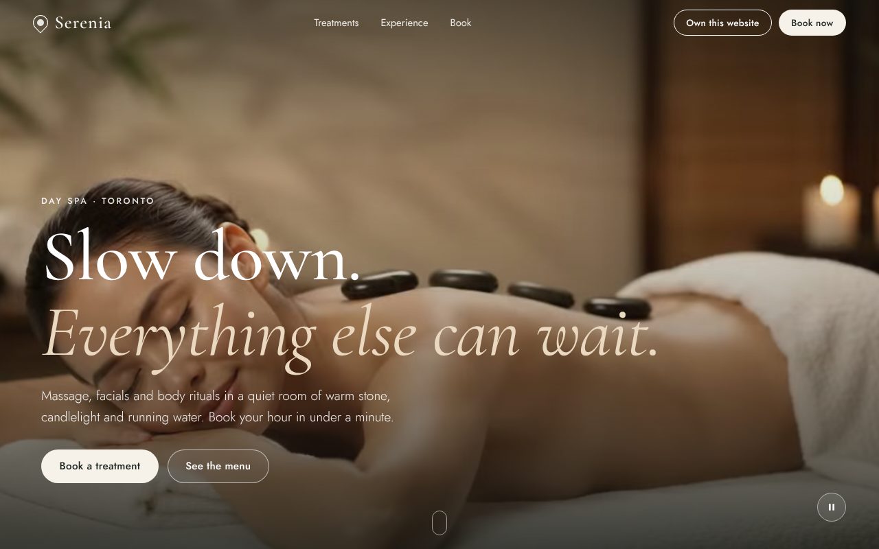 Serenia Day Spa site with a hot stone massage hero image